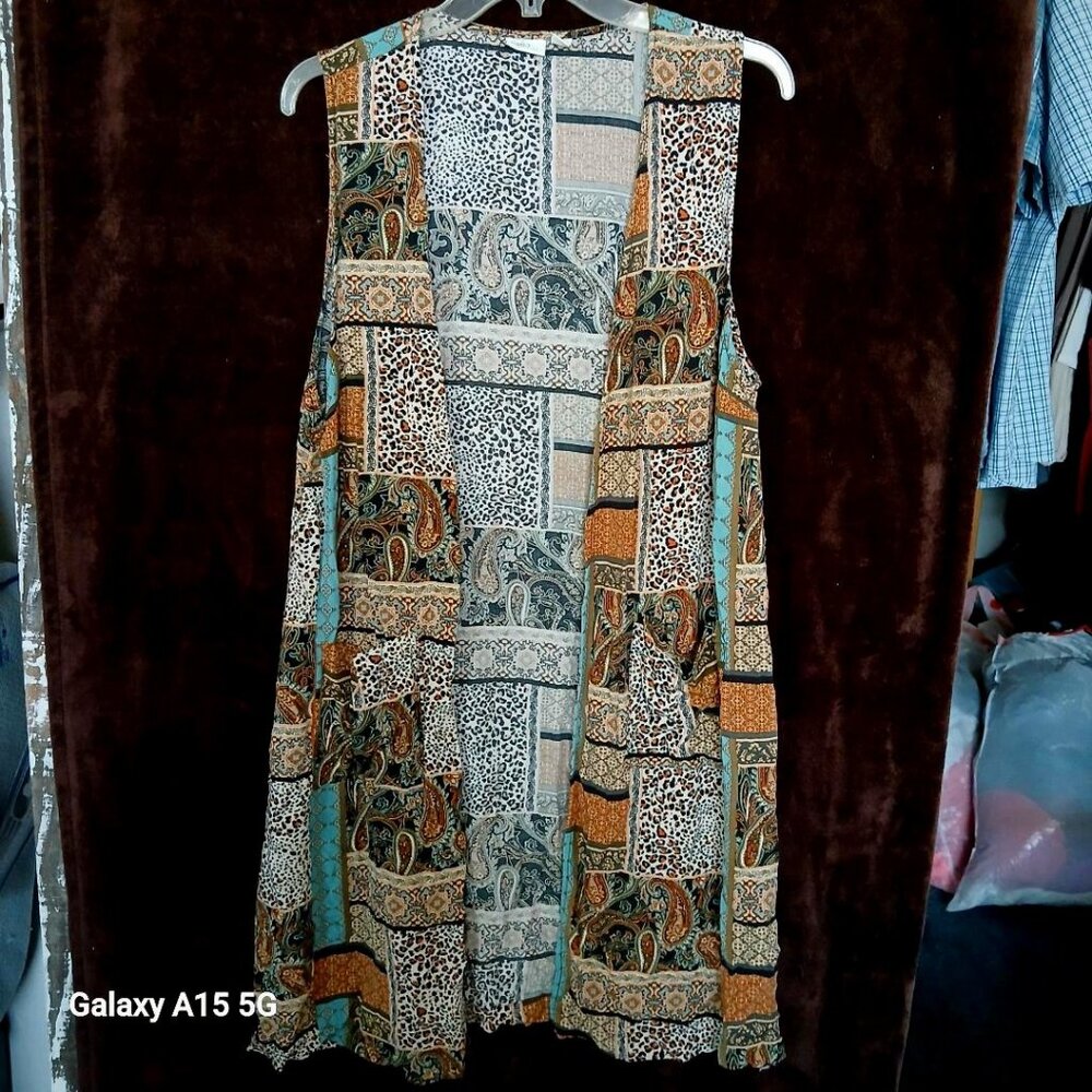 Cato Long, multi print, open front, sleeveless cardigan XL